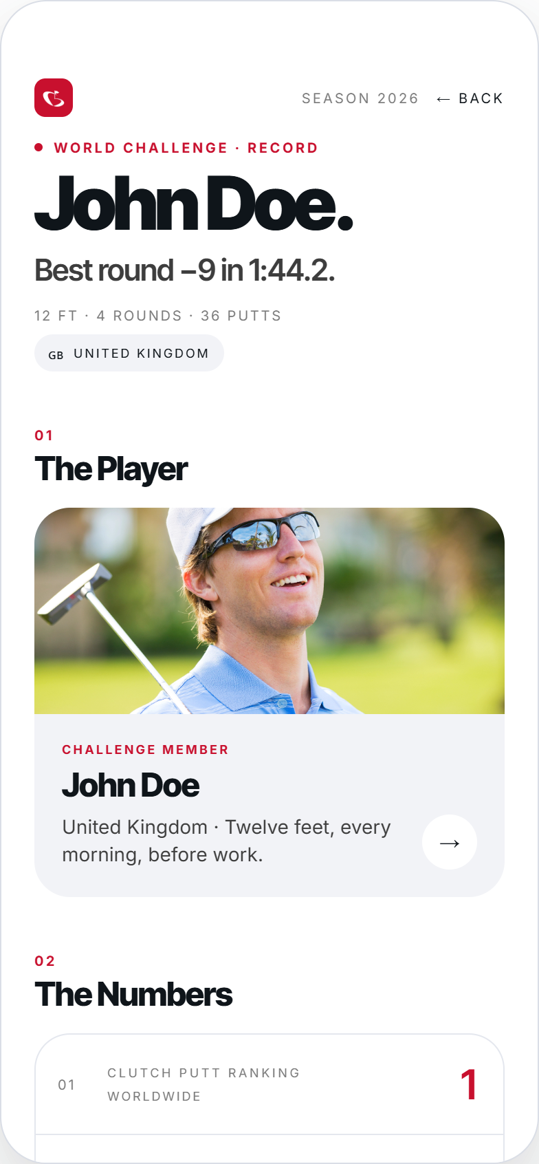A player profile — record, bag and best round